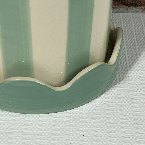 Striped Ceramic Planter Scallop Petal Edge DRAINAGE Attached Saucer Blue Cream - Picture 11 of 12